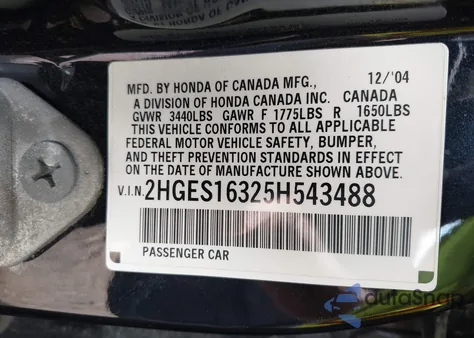 2005 Honda Civic Vp from USA, damaged, VIN 2HGES163251H54348